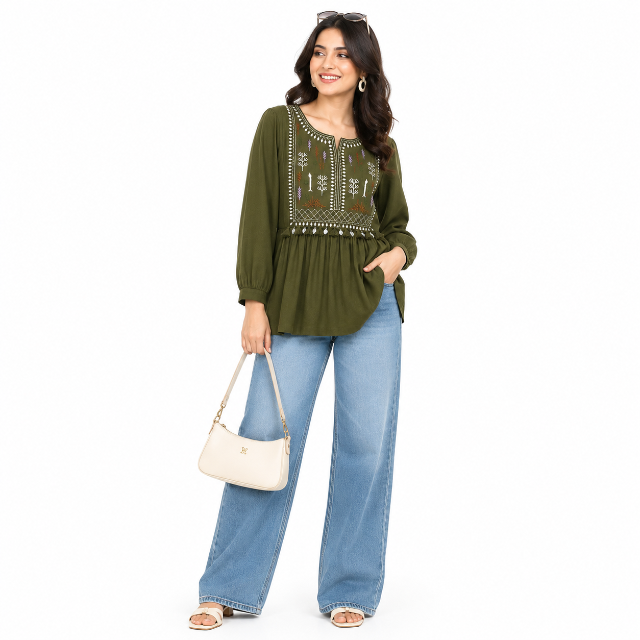 LVINYA FLARED OLIVE GREEN EMBROIDERED KURTI