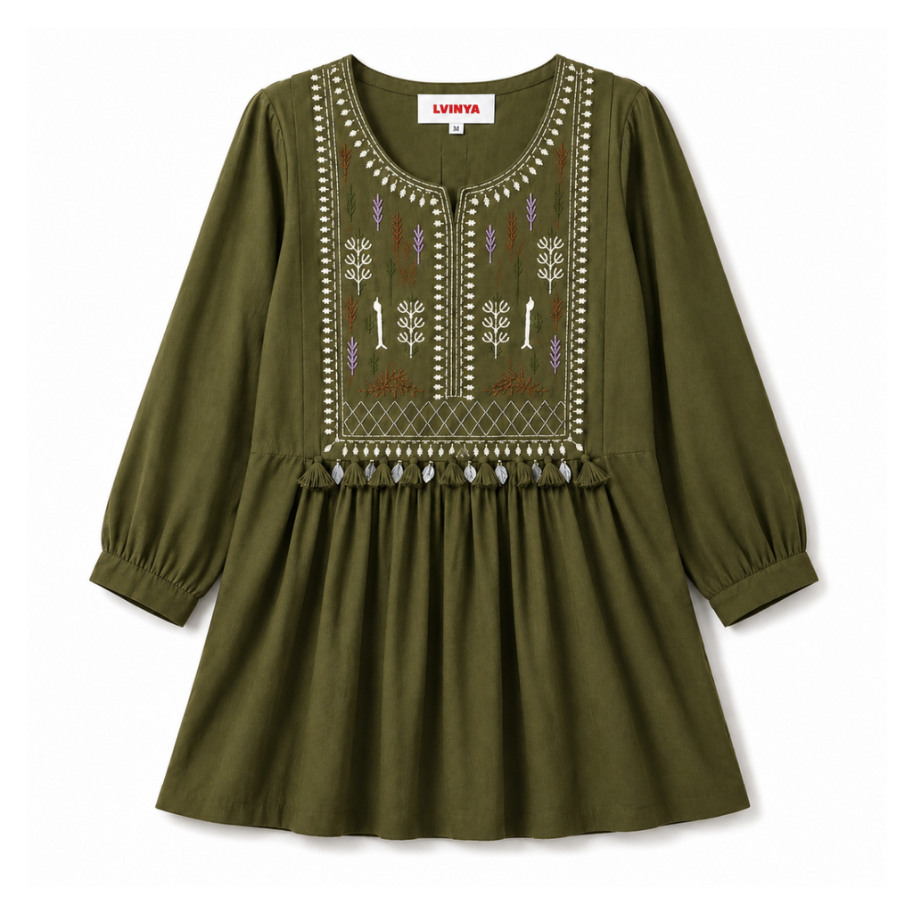 LVINYA FLARED OLIVE GREEN EMBROIDERED KURTI