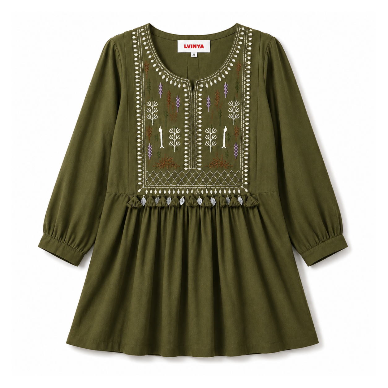LVINYA FLARED OLIVE GREEN EMBROIDERED KURTI
