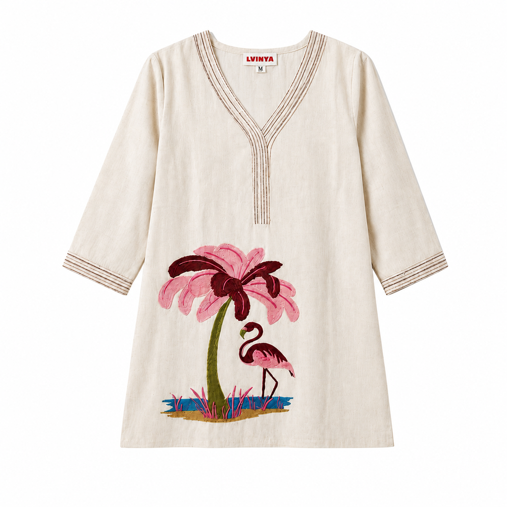 FLAMINGO EMBROIDERED COTTON FLEX KURTI