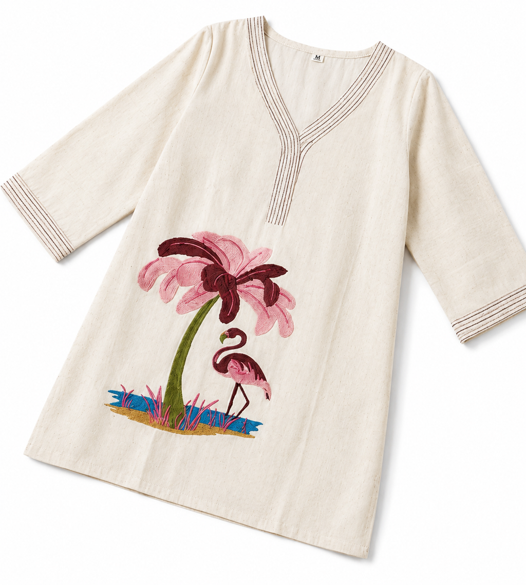 Flamingo Embroidered Cotton Flex Kurti – Off White V-Neck Casual Kurti