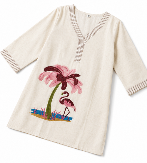 Flamingo Embroidered Cotton Flex Kurti – Off White V-Neck Casual Kurti