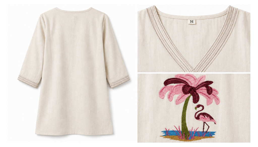 Flamingo Embroidered Cotton Flex Kurti – Off White V-Neck Casual Kurti