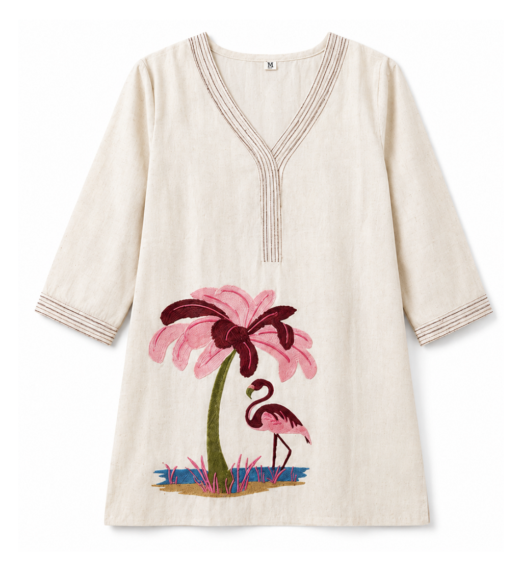 Flamingo Embroidered Cotton Flex Kurti – Off White V-Neck Casual Kurti