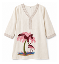 Flamingo Embroidered Cotton Flex Kurti – Off White V-Neck Casual Kurti