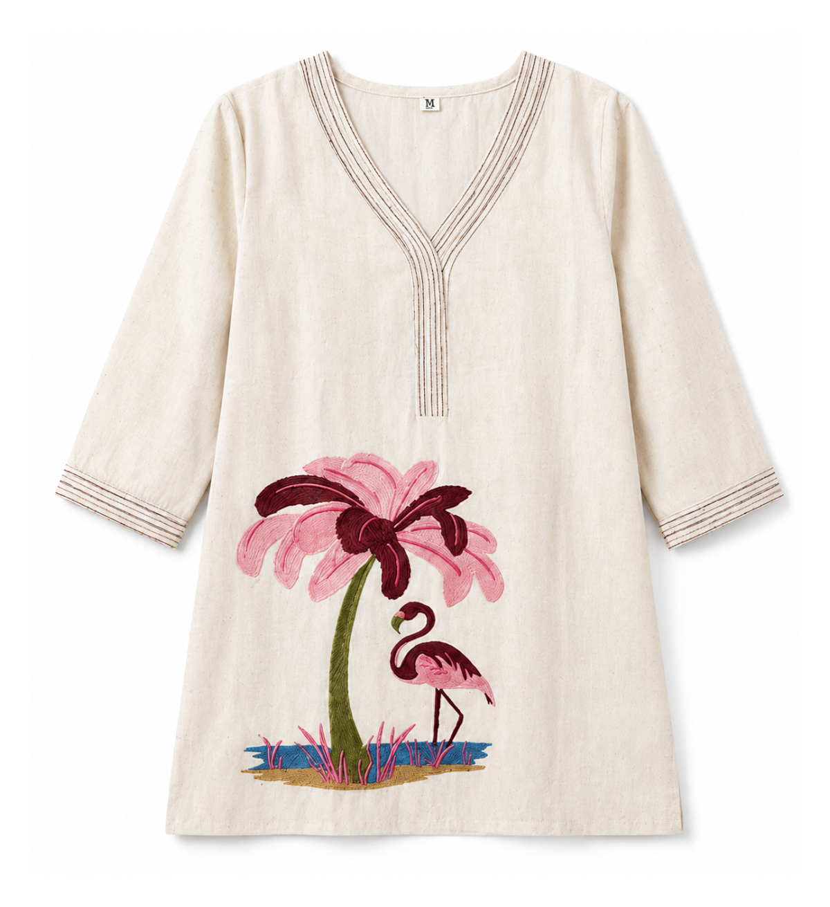 Flamingo Embroidered Cotton Flex Kurti – Off White V-Neck Casual Kurti