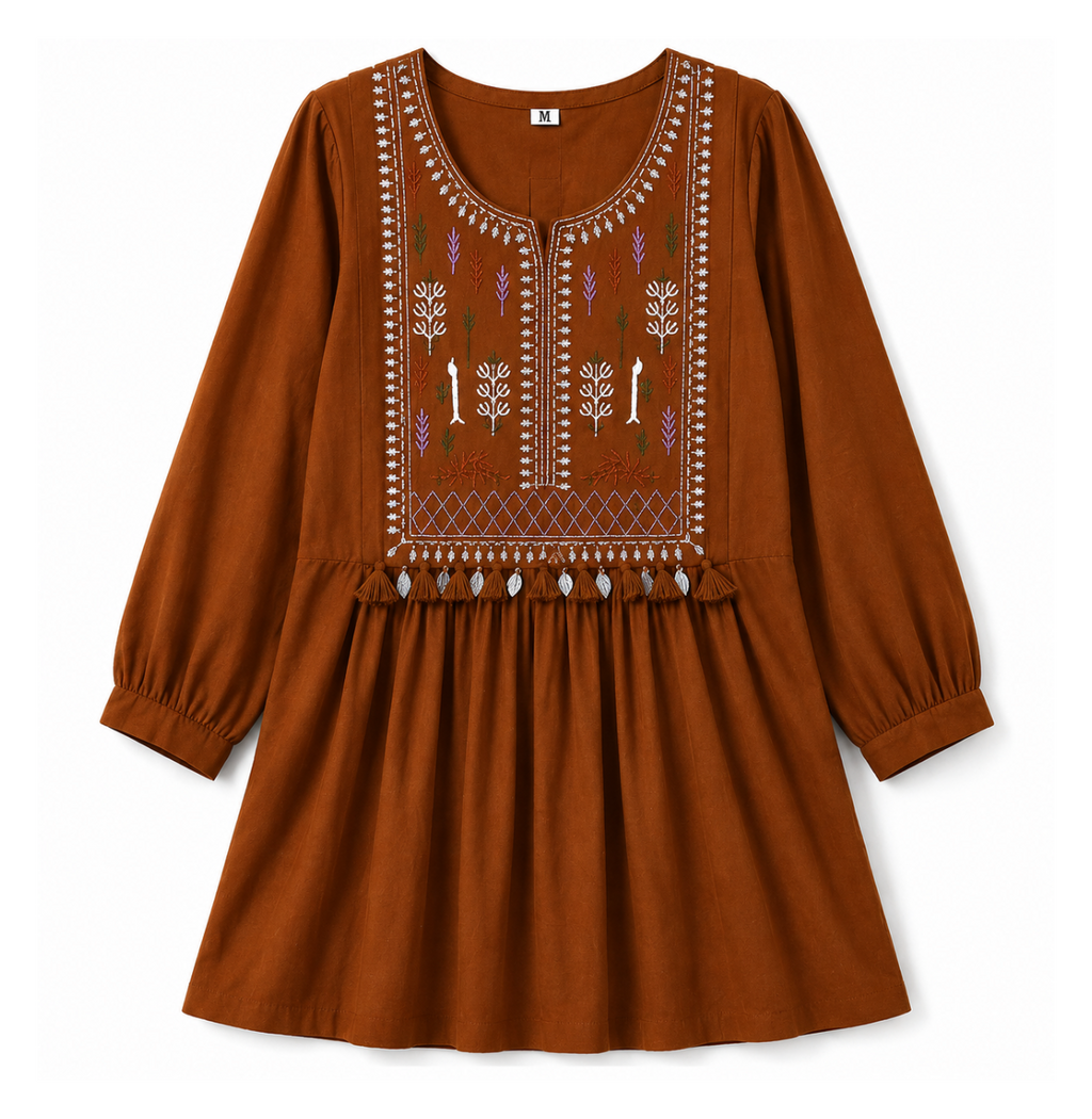 Lvinya Flared Rust Embroidered Kurti