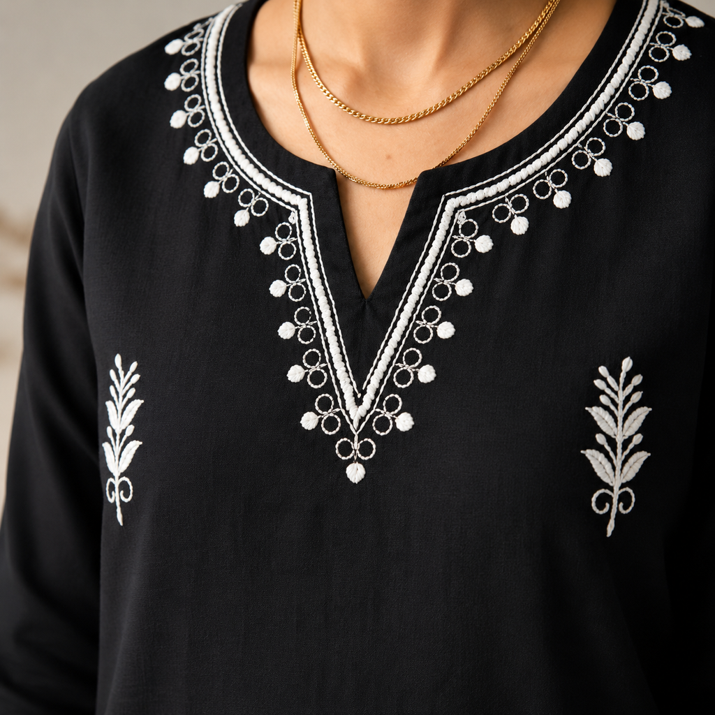 Lvinya Elegant Black Embroidered Kurti – Premium Cotton fabric