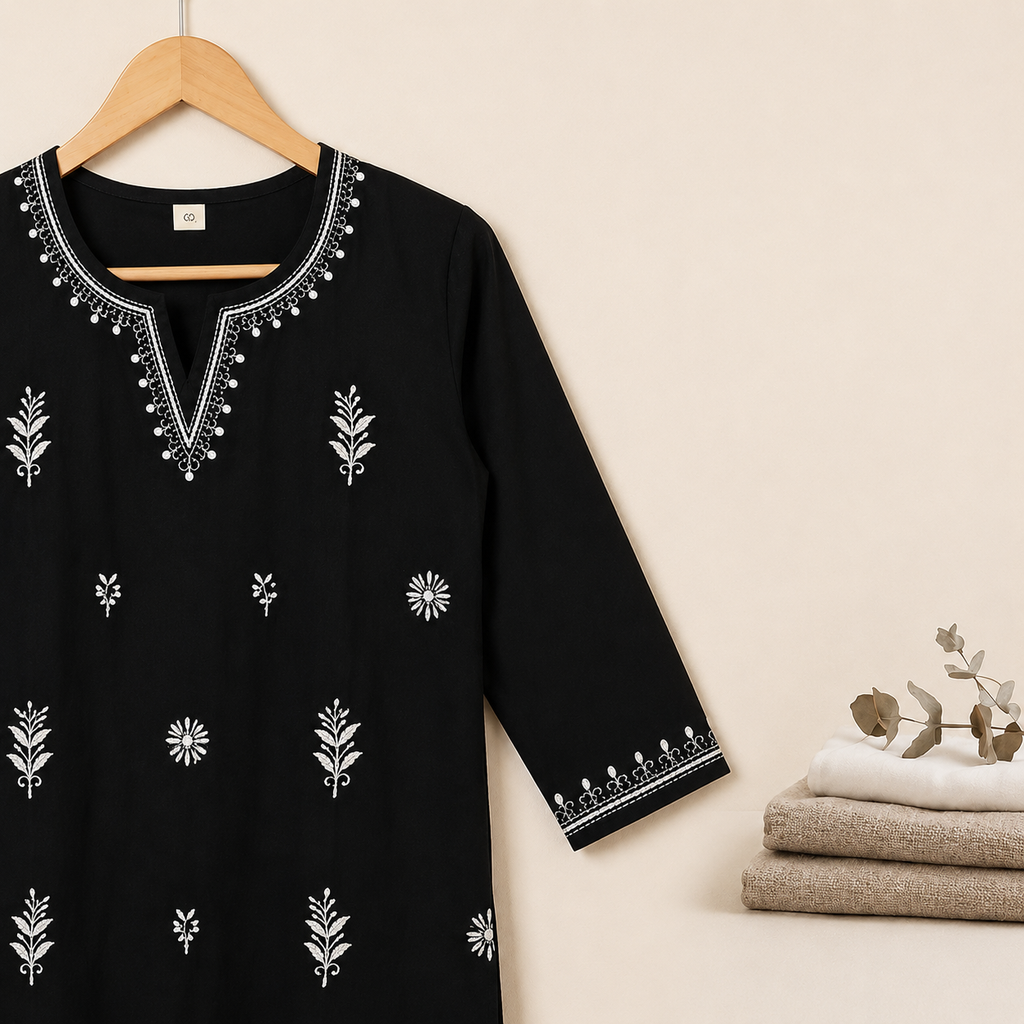Lvinya Elegant Black Embroidered Kurti – Premium Cotton fabric
