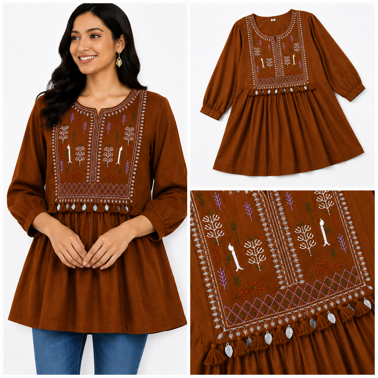 Lvinya Flared Rust Embroidered Kurti