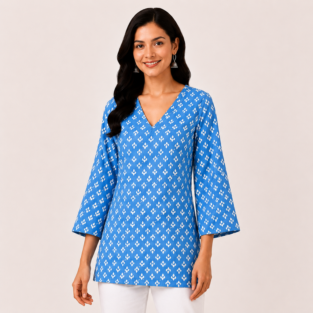 Lvinya Blue Printed V-Neck Kurti