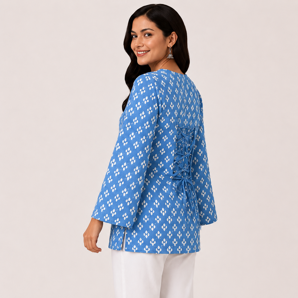 Lvinya Blue Printed V-Neck Kurti